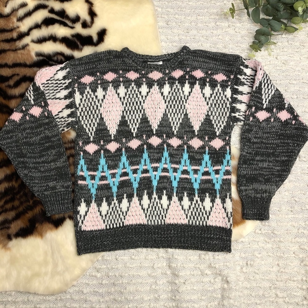 Vintage 80s grey‎ printed pullover sweater